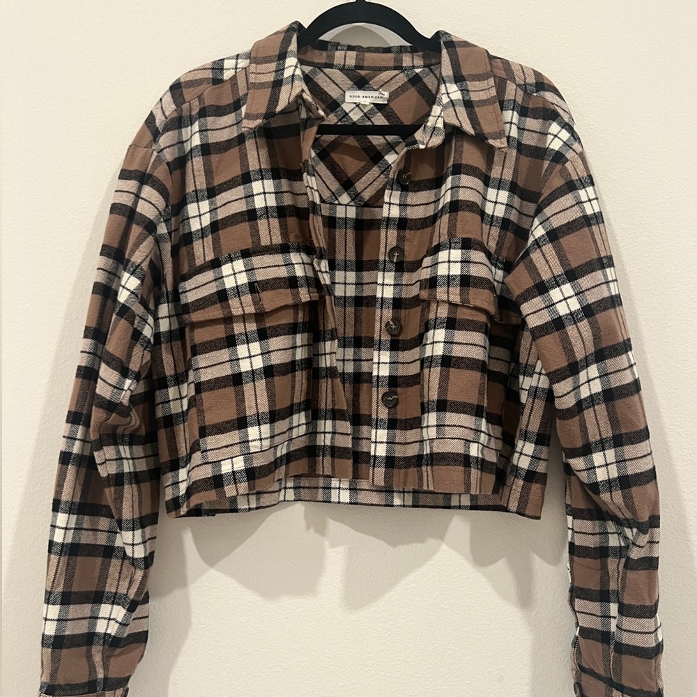 Good American Brown Plaid Cropped Button-Down Shirt